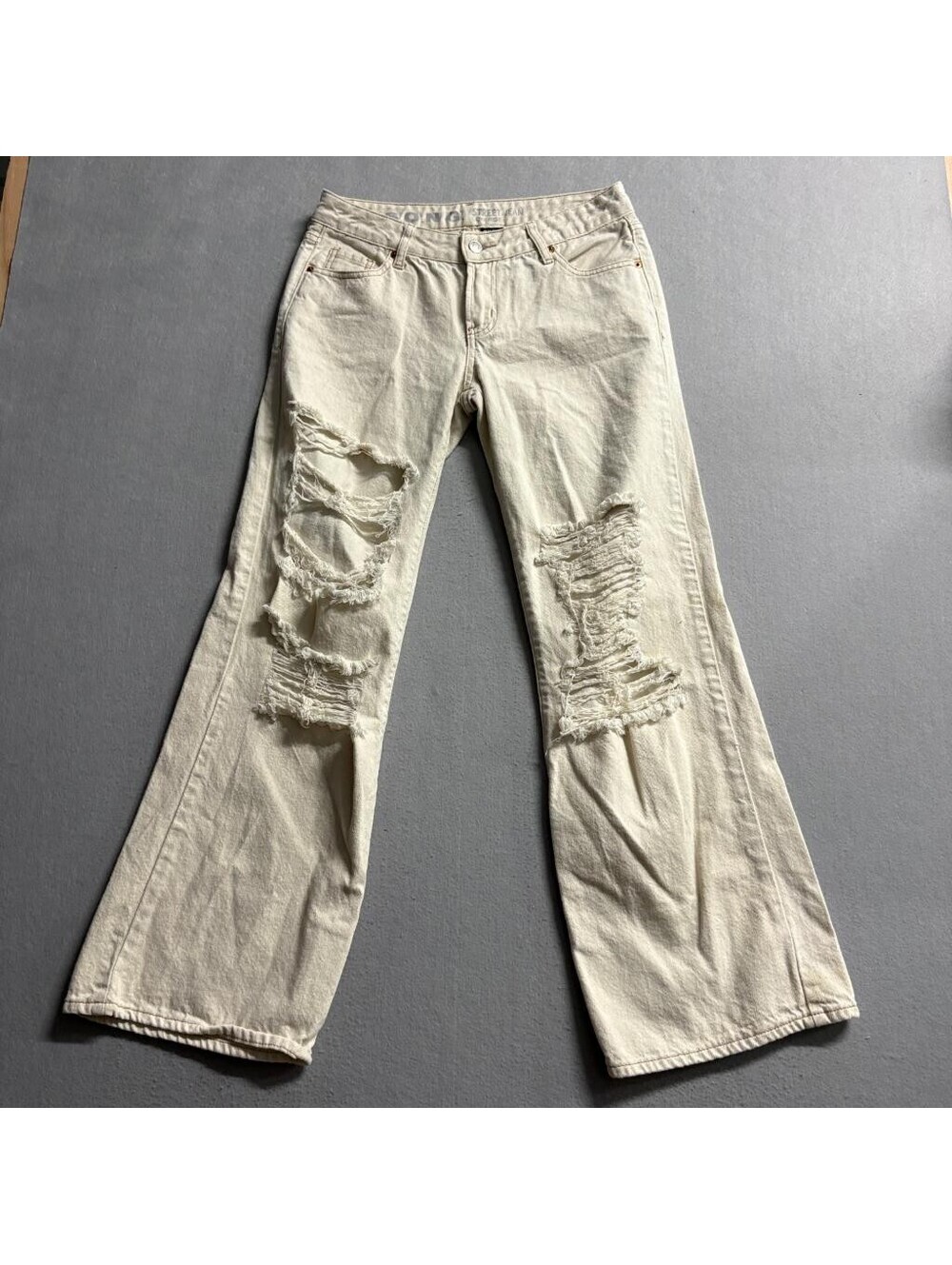 SONG Street Jean Womens 7/28 Beige Distressed Ripped Low Rise Wide Leg Jeans